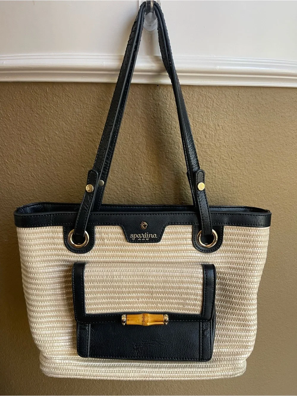 Spartina 449 Ebony Bamboo Chic Straw Tote Black Leather Bamboo Accent